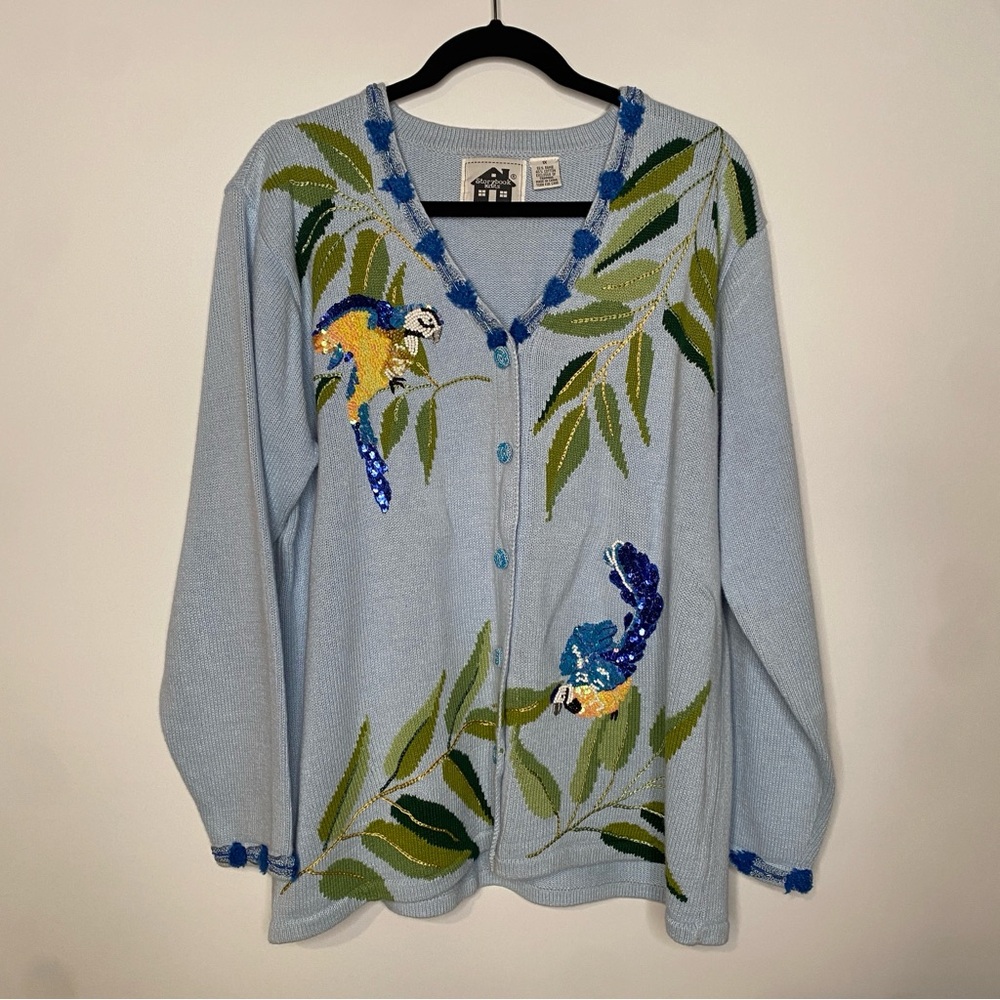 Vintage Storybook Knits FERNS AND FEATHERS Blue Cardigan Sweater Size 1X